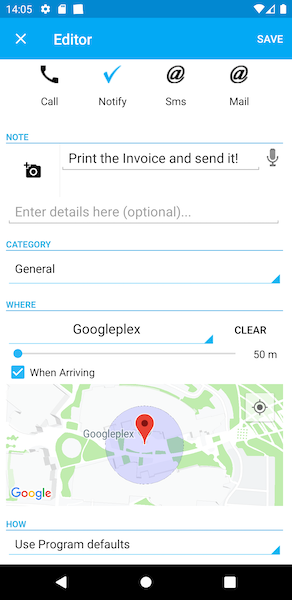 View selected place and location reminder settings